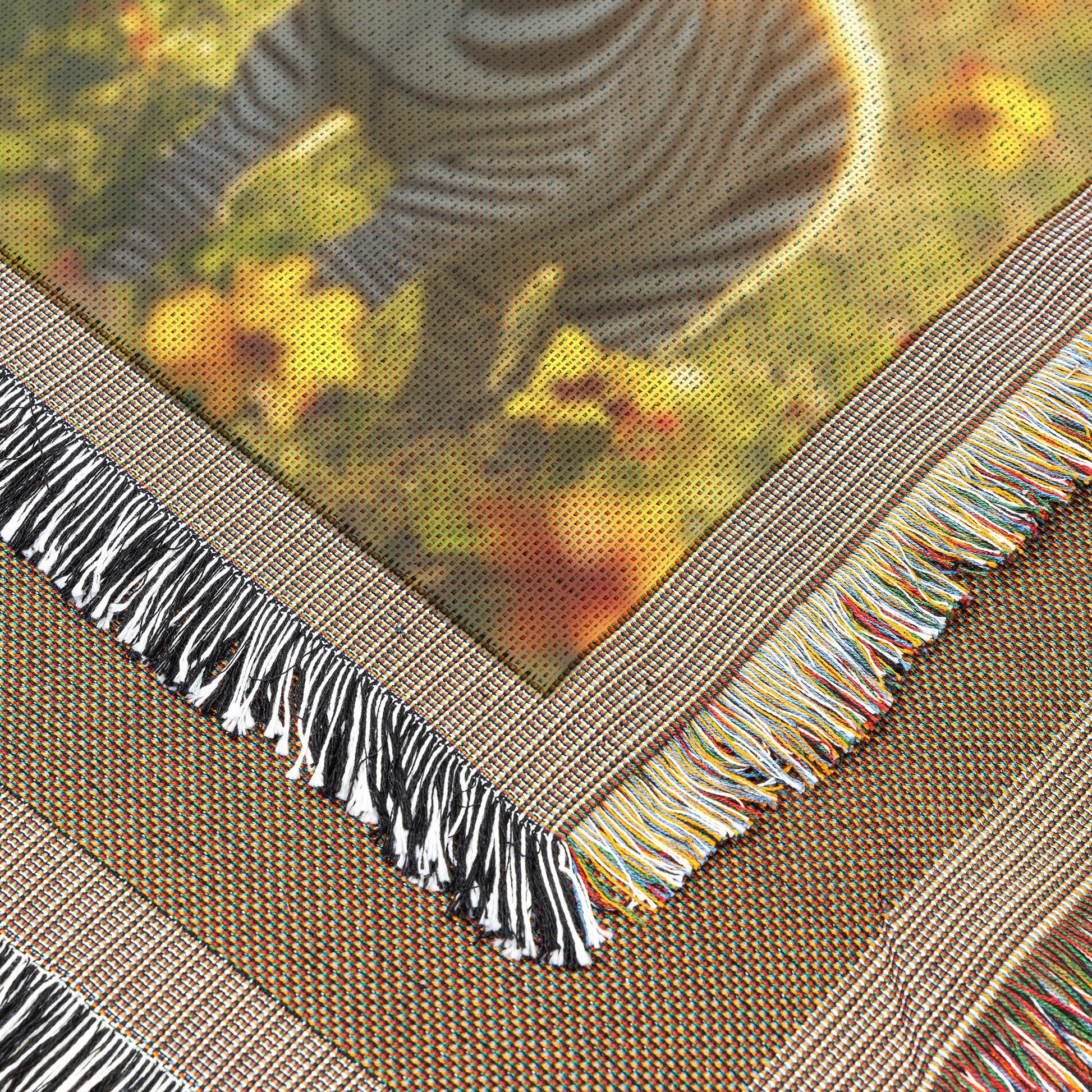 Baby Zebra with Mother in Lush Green Field Surrounded by Blooming Flowers and Soft Sunlight Woven Throw Blanket - Awakening Righteousness