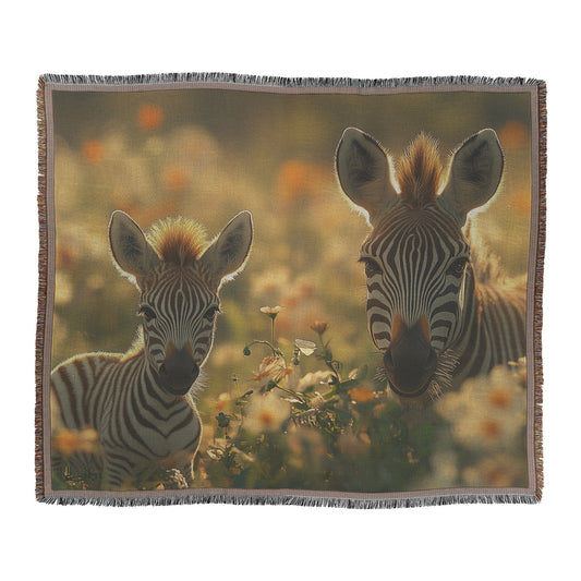 Baby Zebra with Mother in Lush Green Field Surrounded by Blooming Flowers and Soft Sunlight Woven Throw Blanket - Awakening Righteousness