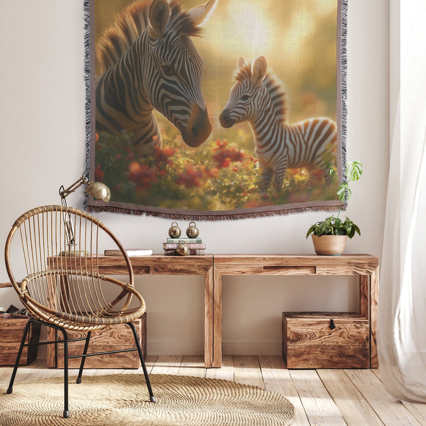Baby Zebra with Mother in Lush Green Field Surrounded by Blooming Flowers and Soft Sunlight Woven Throw Blanket - Awakening Righteousness