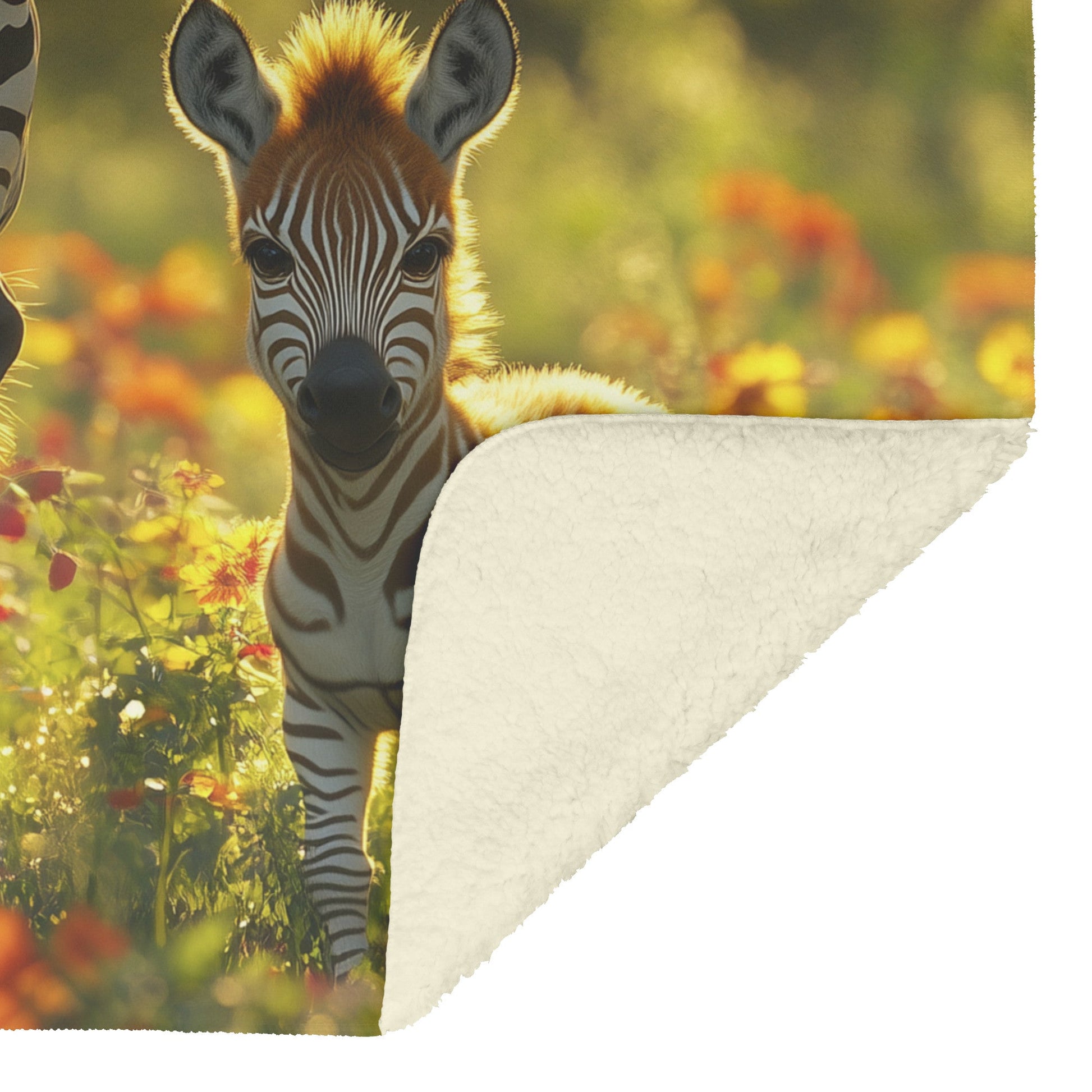 Baby Zebra with Mother Sherpa Fleece Blanket Lush Green Field Blooming Flowers Soft Sunlight Serene Wildlife Scene - Awakening Righteousness