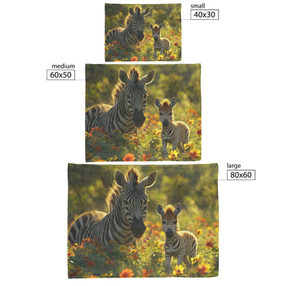 Baby Zebra with Mother Sherpa Fleece Blanket Lush Green Field Blooming Flowers Soft Sunlight Serene Wildlife Scene - Awakening Righteousness
