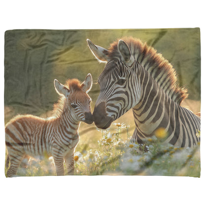 Baby Zebra with Mother Sherpa Fleece Blanket Lush Green Field Blooming Flowers Soft Sunlight Serene Wildlife Scene - Awakening Righteousness