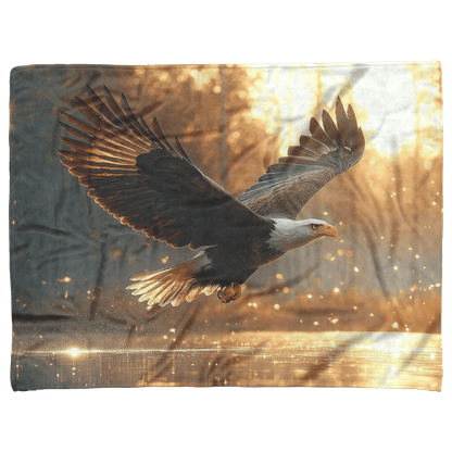 Bald Eagle Hunting Over Glowing Crystal Clear Lake Surrounded by Dense Mist and Twilight Light Fleece Sherpa Blanket - Awakening Righteousness