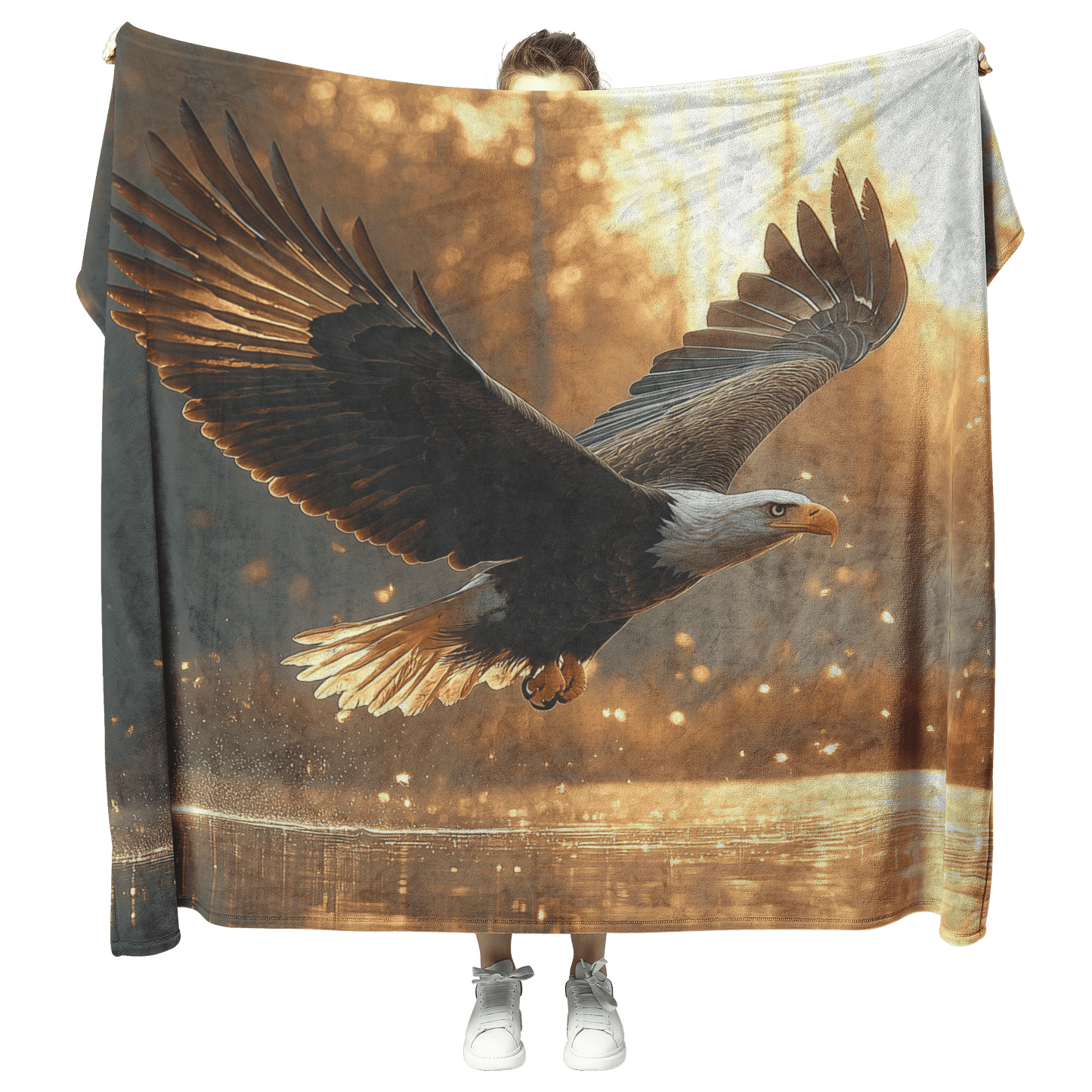 Bald Eagle Hunting Over Glowing Crystal Clear Lake Surrounded by Dense Mist and Twilight Light Fleece Sherpa Blanket - Awakening Righteousness