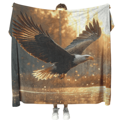 Bald Eagle Hunting Over Glowing Crystal Clear Lake Surrounded by Dense Mist and Twilight Light Fleece Sherpa Blanket - Awakening Righteousness