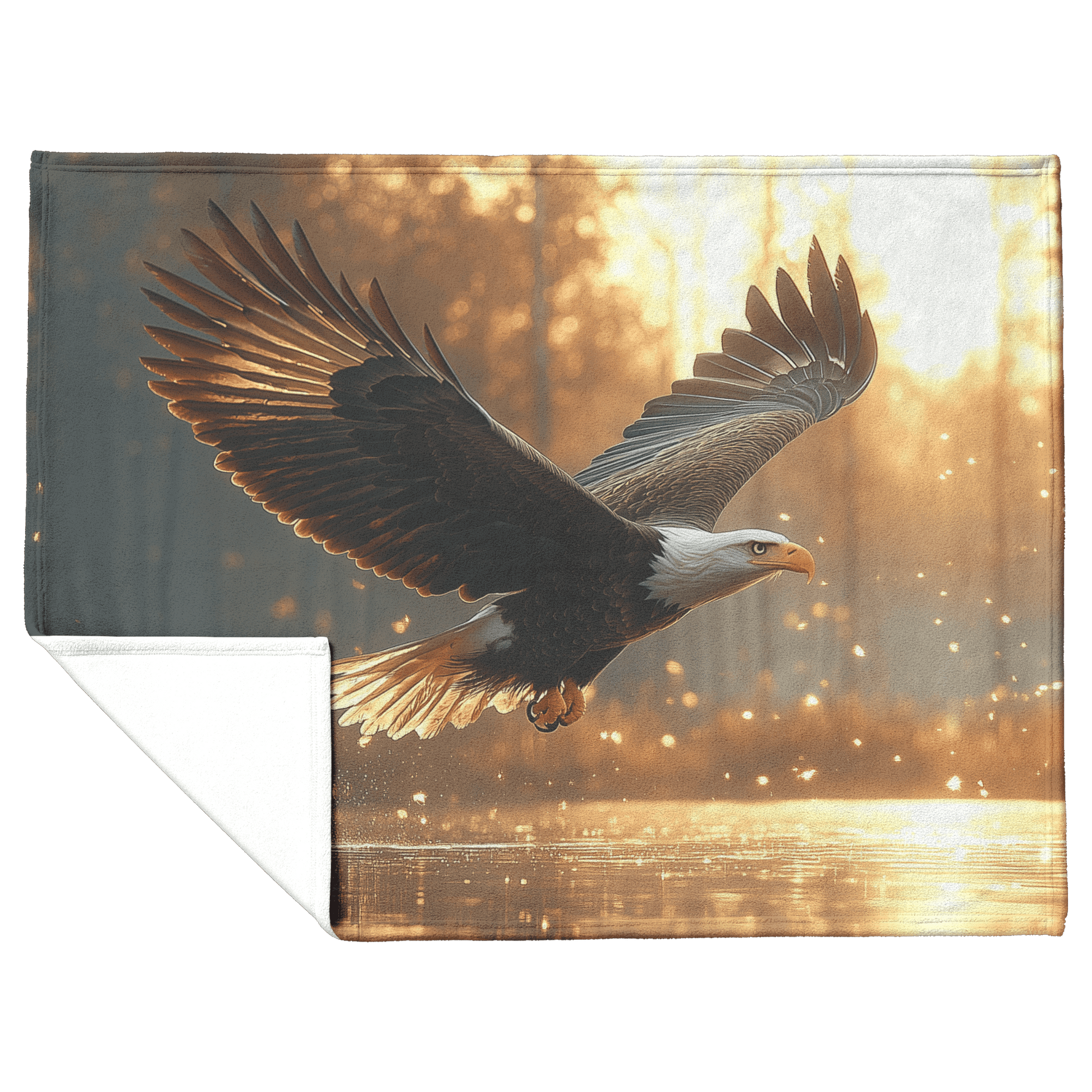 Bald Eagle Hunting Over Glowing Crystal Clear Lake Surrounded by Dense Mist and Twilight Light Fleece Sherpa Blanket - Awakening Righteousness