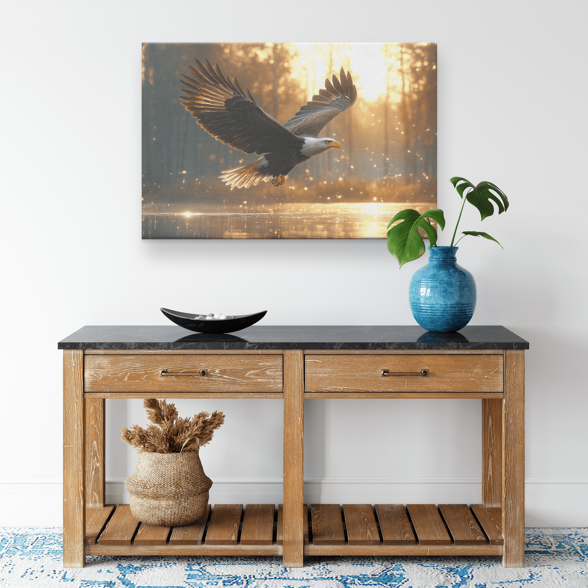 Bald Eagle Hunting Over Glowing Crystal Lake With Dense Mist And Twilight Light Canvas Wall Art Decor - Awakening Righteousness