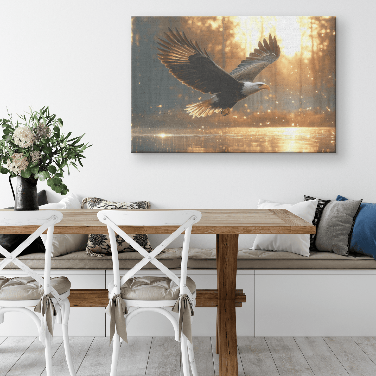 Bald Eagle Hunting Over Glowing Crystal Lake With Dense Mist And Twilight Light Canvas Wall Art Decor - Awakening Righteousness