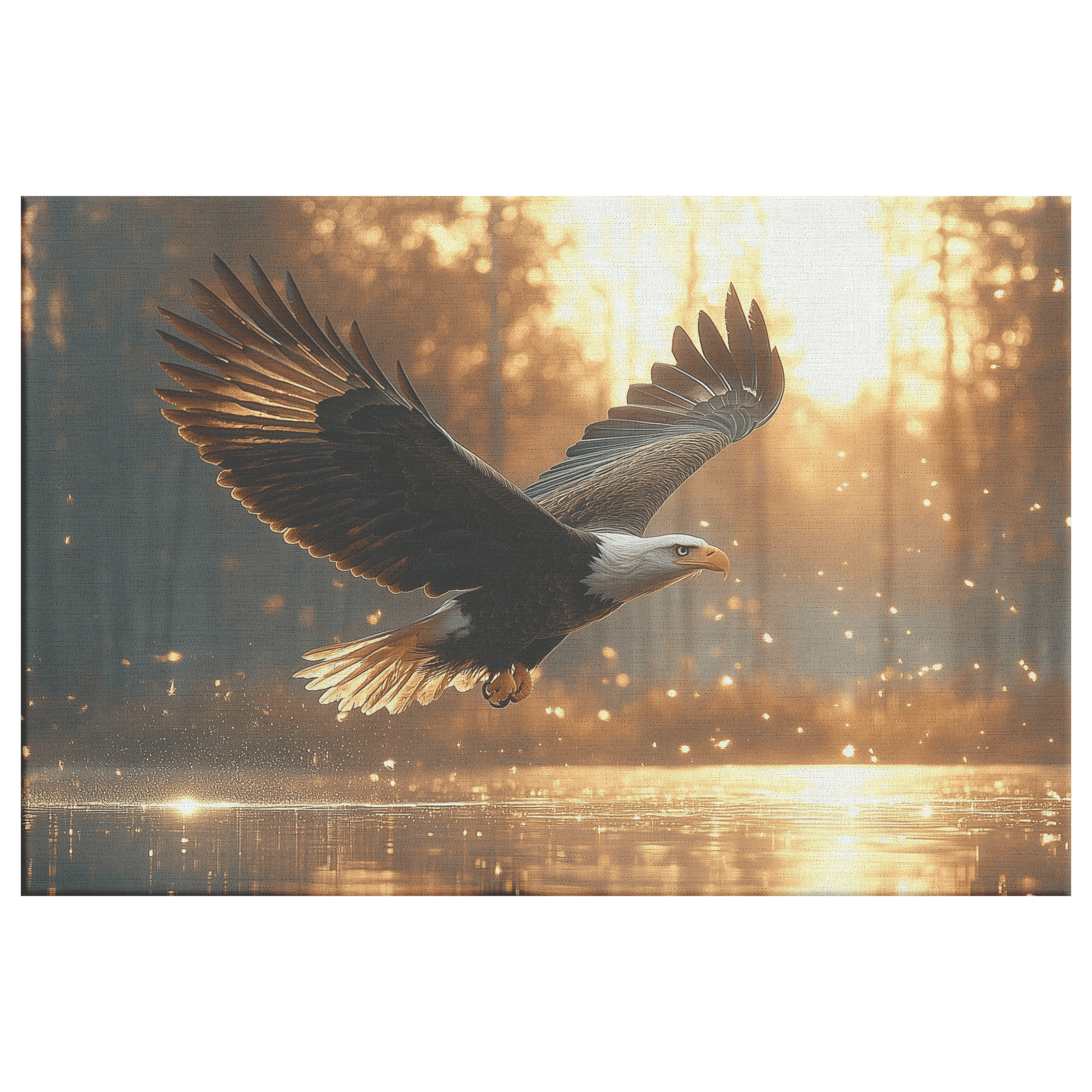 Bald Eagle Hunting Over Glowing Crystal Lake With Dense Mist And Twilight Light Canvas Wall Art Decor - Awakening Righteousness