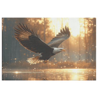 Bald Eagle Hunting Over Glowing Crystal Lake With Dense Mist And Twilight Light Canvas Wall Art Decor - Awakening Righteousness