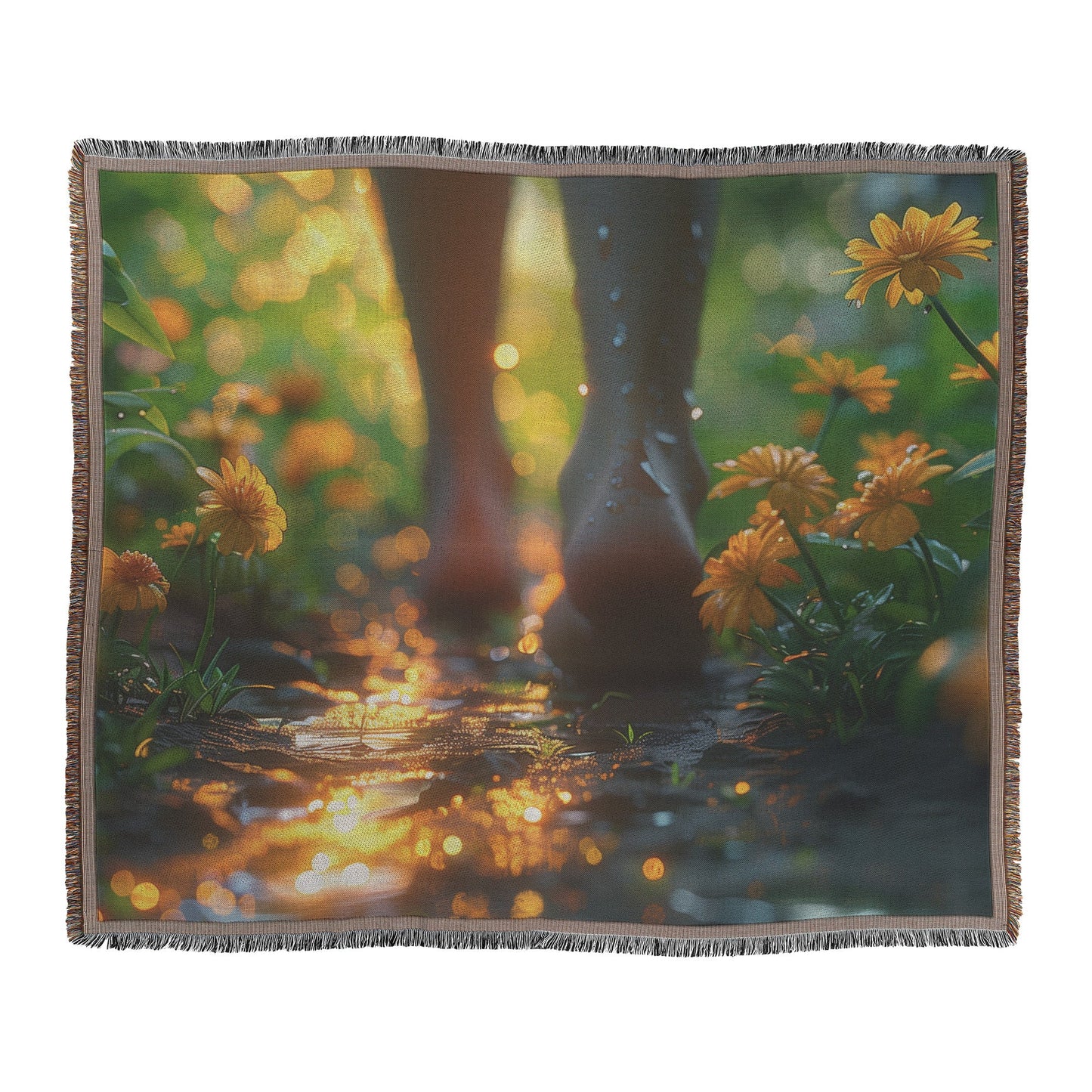 Barefoot Walking Through Bright Yellow Flowers with Morning Dew for Woven Throw Blanket - Awakening Righteousness