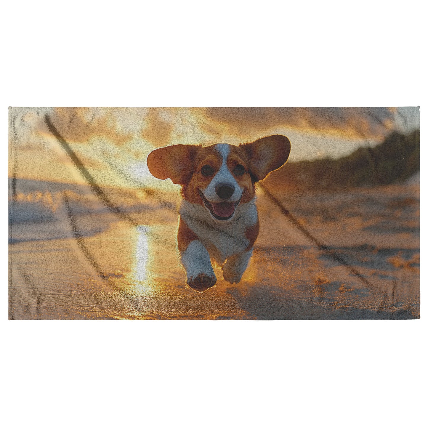 Basset Hound Beach Towel with Flapping Ears Sunset Sandy Beach Soft Waves Relaxing Scenic Design - Awakening Righteousness