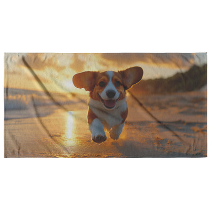 Basset Hound Beach Towel with Flapping Ears Sunset Sandy Beach Soft Waves Relaxing Scenic Design - Awakening Righteousness