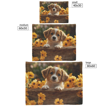 Basset Hound Puppy in Basket with Glowing Flowers and Morning Sunlight Fleece Sherpa Blanket - Awakening Righteousness