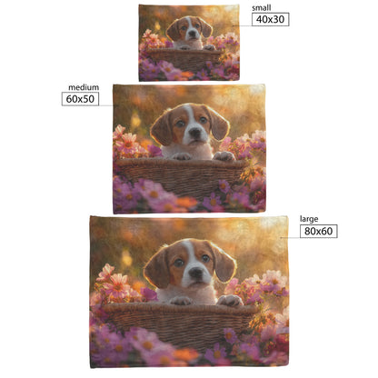 Basset Hound Puppy in Basket with Glowing Flowers and Morning Sunlight Fleece Sherpa Blanket - Awakening Righteousness