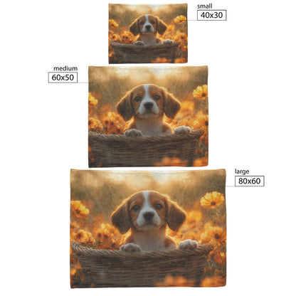 Basset Hound Puppy in Basket with Glowing Flowers and Morning Sunlight Fleece Sherpa Blanket - Awakening Righteousness