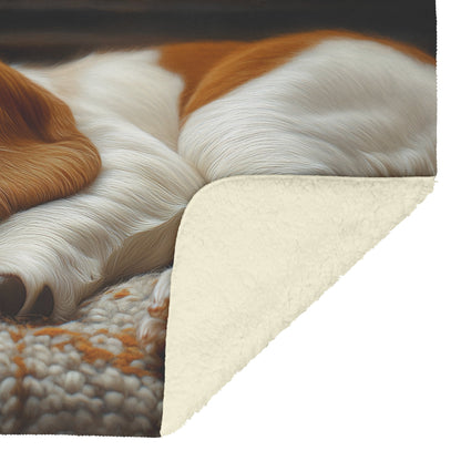 Basset Hound Puppy Sleeping Peacefully on Cozy Blanket by Glowing Fireplace Fleece Sherpa Blanket - Awakening Righteousness