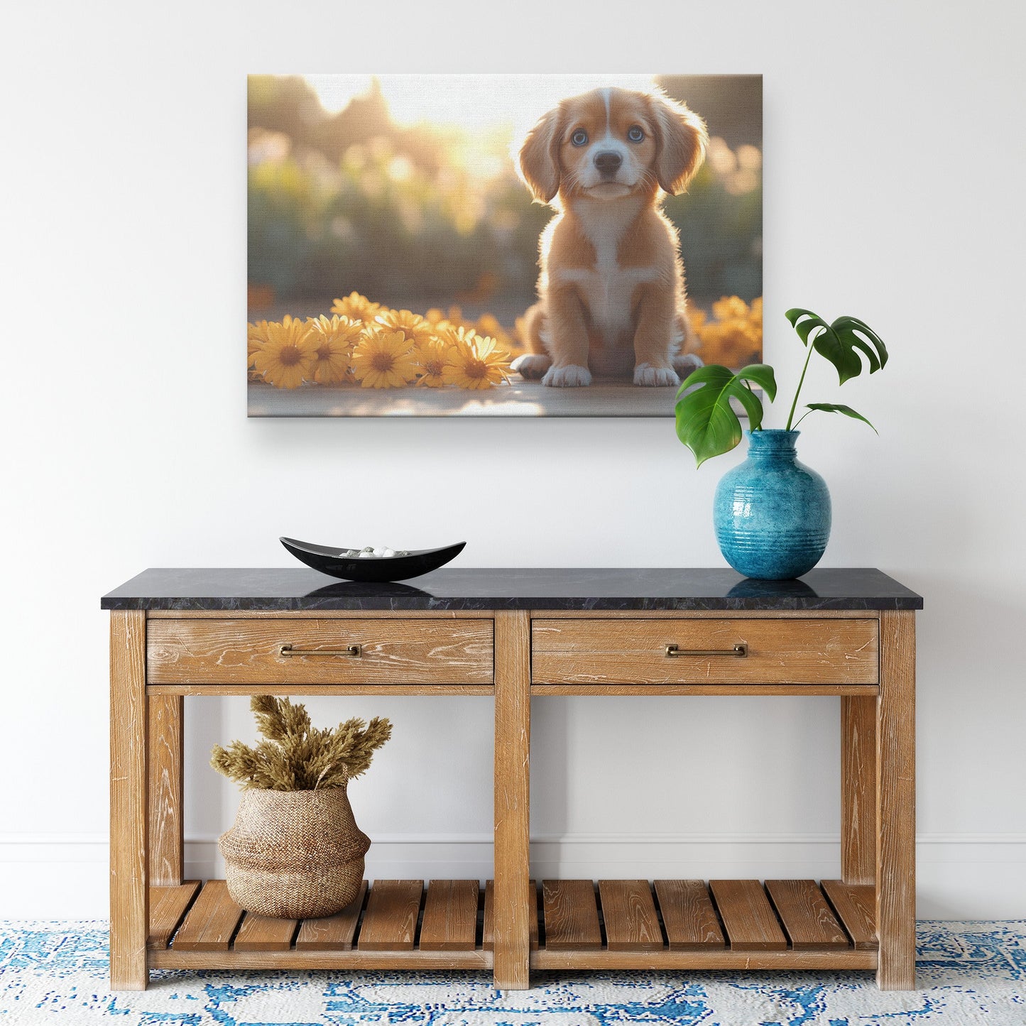 Basset Hound Puppy with Big Blue Eyes Canvas Wall Art Decor Sitting on Porch During Golden Sunrise - Awakening Righteousness
