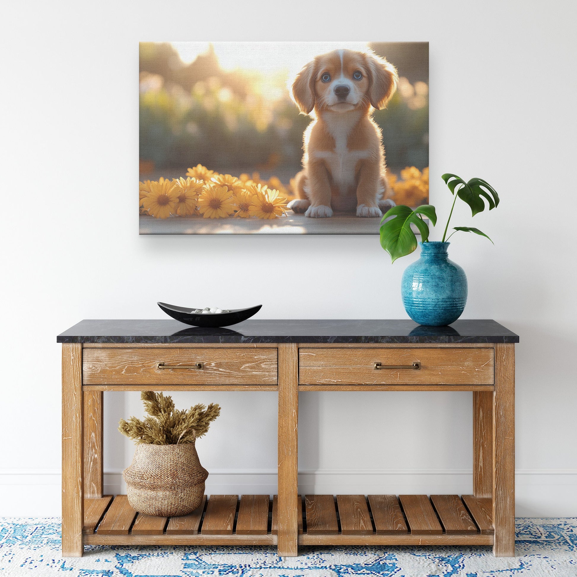 Basset Hound Puppy with Big Blue Eyes Canvas Wall Art Decor Sitting on Porch During Golden Sunrise - Awakening Righteousness