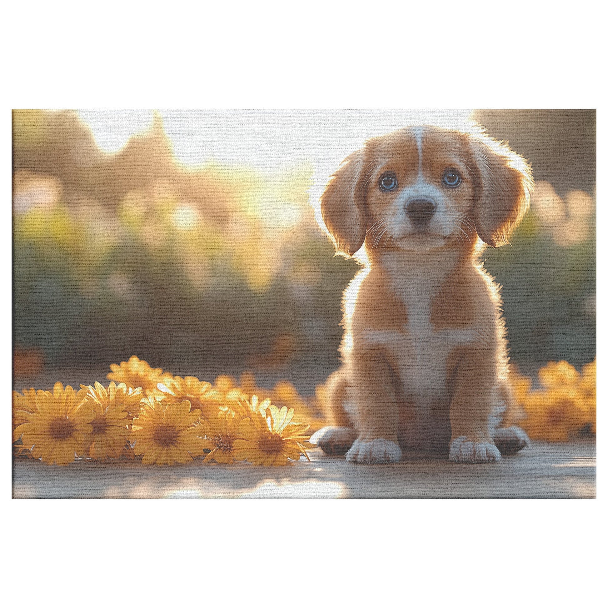 Basset Hound Puppy with Big Blue Eyes Canvas Wall Art Decor Sitting on Porch During Golden Sunrise - Awakening Righteousness