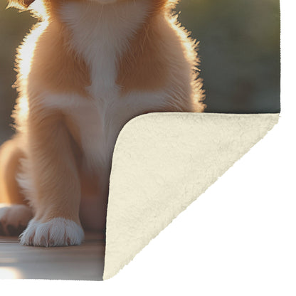 Basset Hound Puppy with Big Blue Eyes Sitting on Porch at Golden Sunrise Fleece Sherpa Blanket - Awakening Righteousness