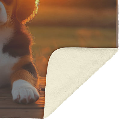Basset Hound Puppy with Big Blue Eyes Sitting on Porch at Golden Sunrise Fleece Sherpa Blanket - Awakening Righteousness