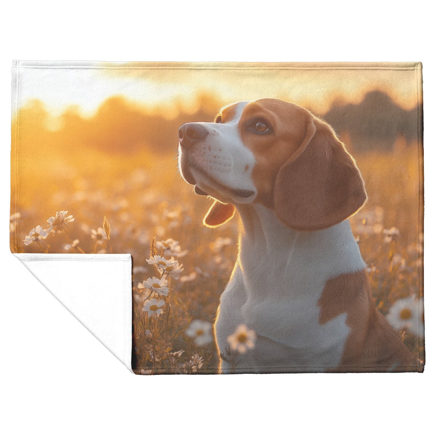 Basset Hound Sitting in Blooming Meadow with Golden Sunlight on Floppy Ears Fleece Sherpa Blanket - Awakening Righteousness