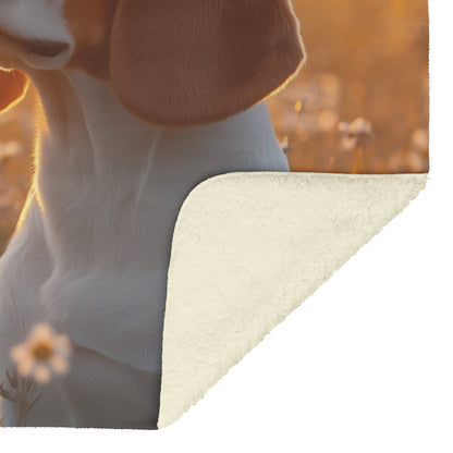 Basset Hound Sitting in Blooming Meadow with Golden Sunlight on Floppy Ears Fleece Sherpa Blanket - Awakening Righteousness