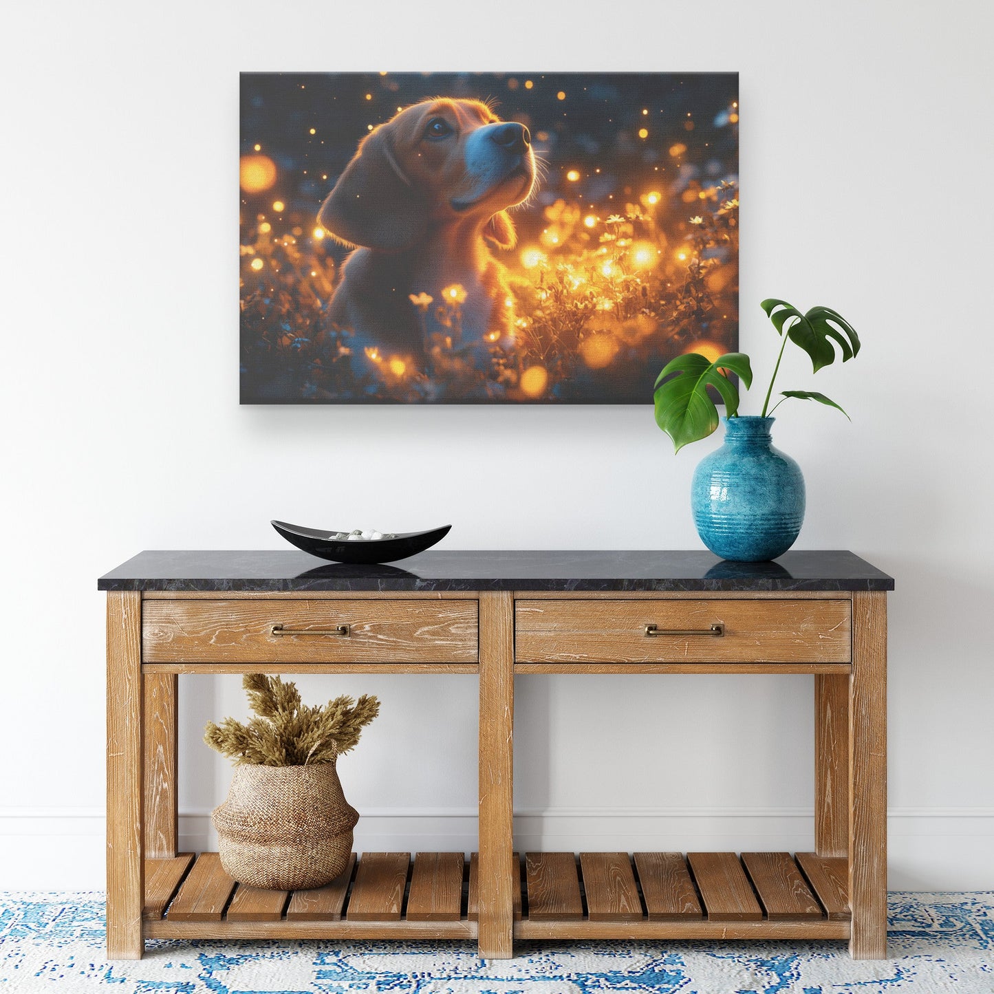 Basset Hound Sitting in Magical Glowing Forest Canvas Wall Art Decor Surrounded by Fireflies and Ethereal Light - Awakening Righteousness