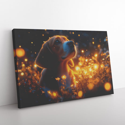 Basset Hound Sitting in Magical Glowing Forest Canvas Wall Art Decor Surrounded by Fireflies and Ethereal Light - Awakening Righteousness