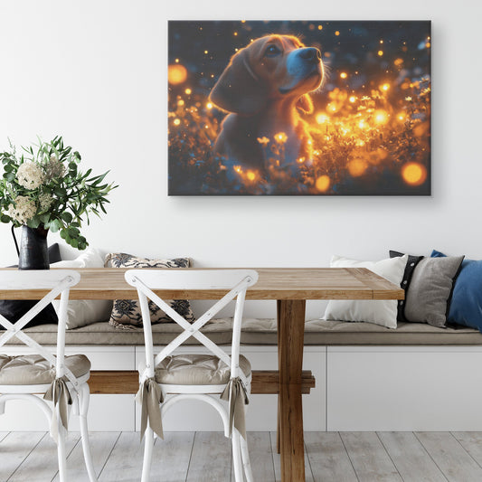 Basset Hound Sitting in Magical Glowing Forest Canvas Wall Art Decor Surrounded by Fireflies and Ethereal Light - Awakening Righteousness