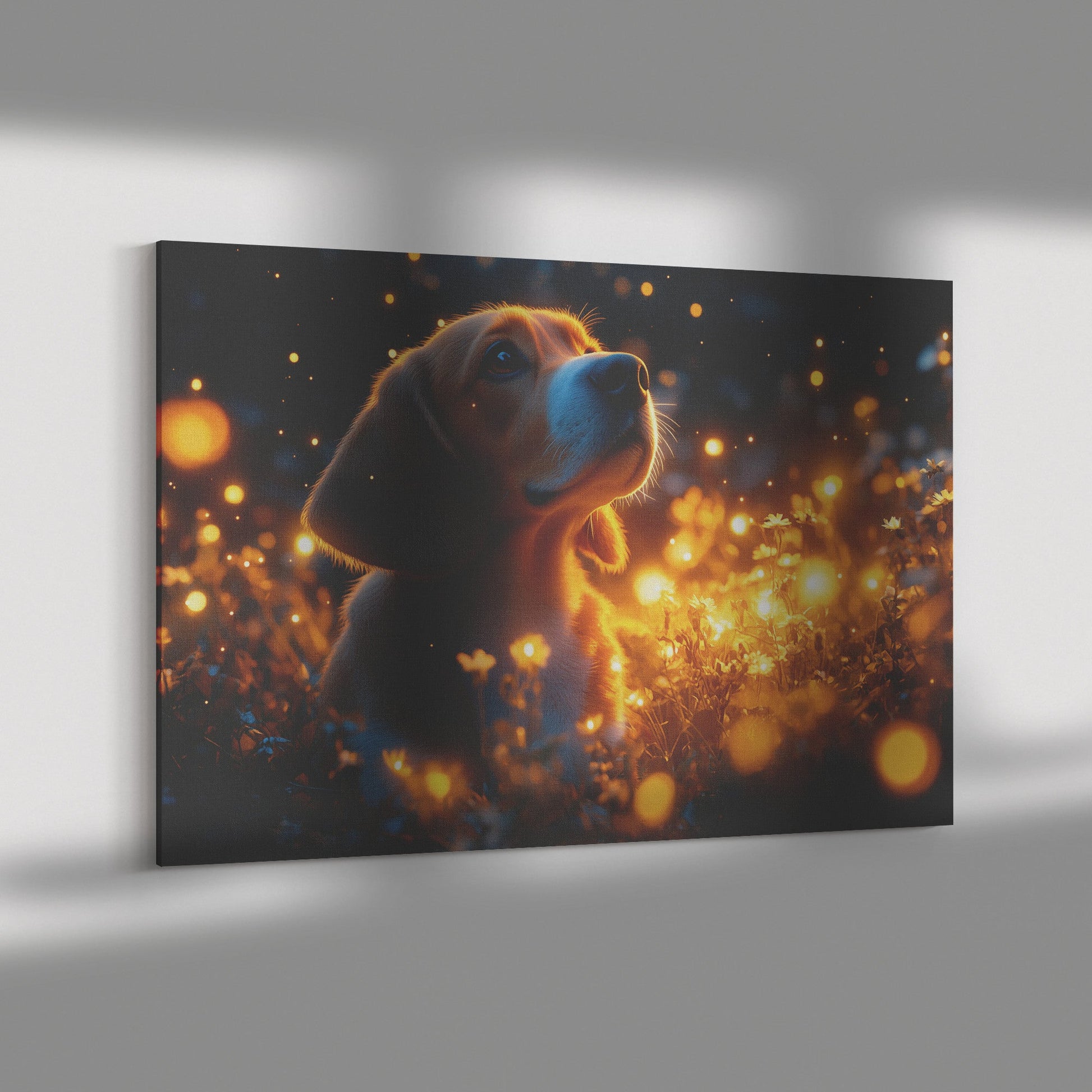 Basset Hound Sitting in Magical Glowing Forest Canvas Wall Art Decor Surrounded by Fireflies and Ethereal Light - Awakening Righteousness