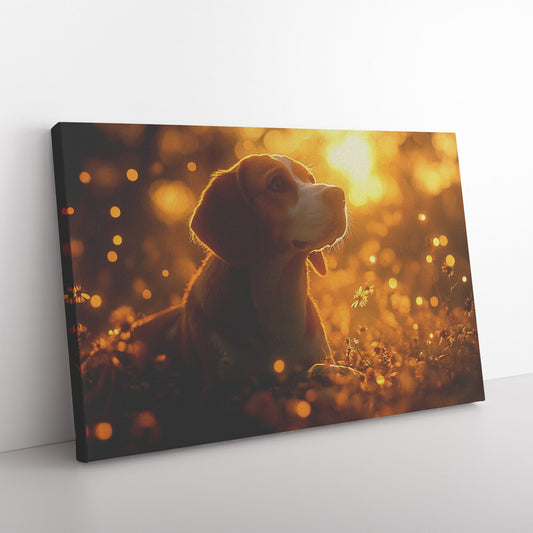 Basset Hound Sitting in Magical Glowing Forest Canvas Wall Art Decor Surrounded by Fireflies and Ethereal Light - Awakening Righteousness