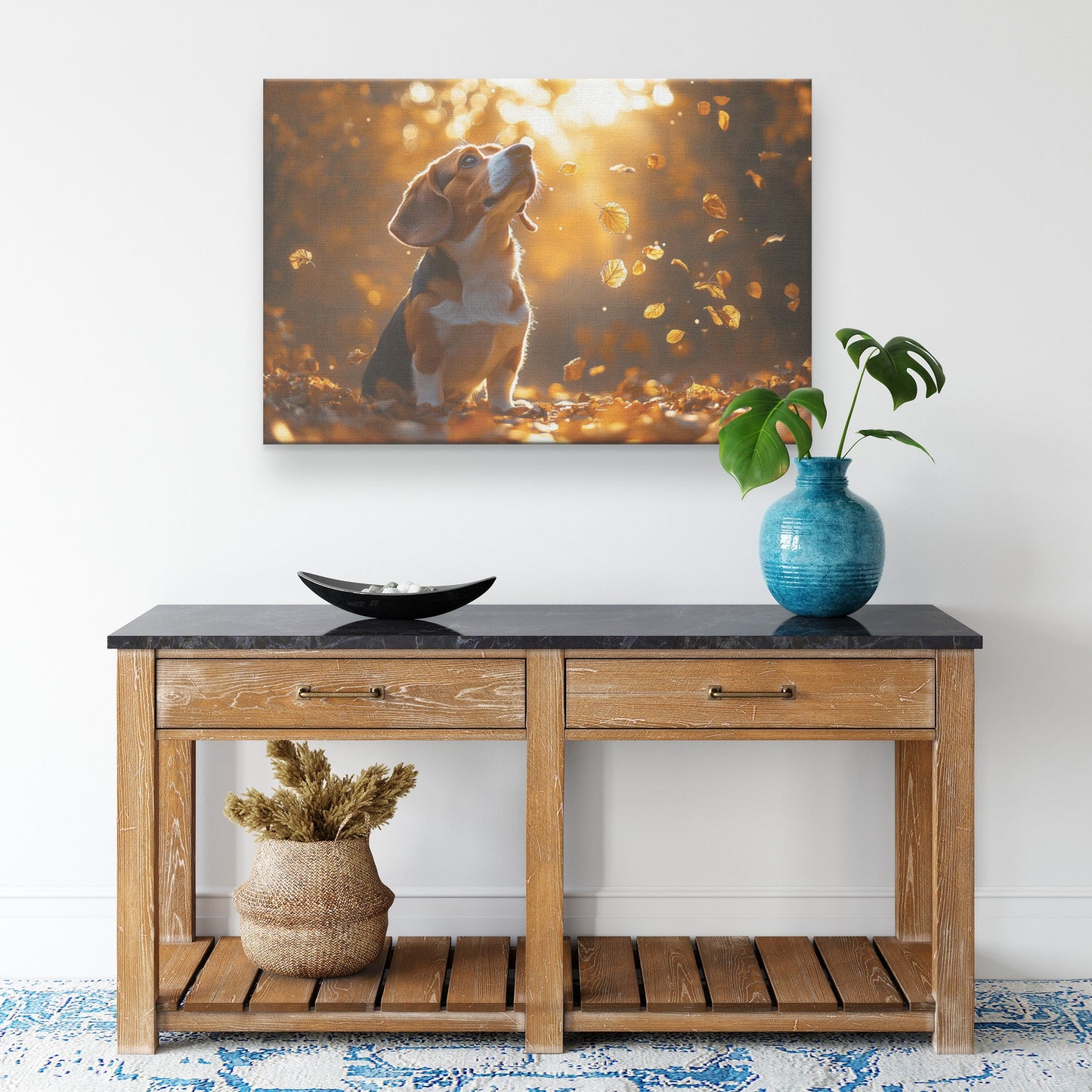 Basset Hound Standing on Forest Path Canvas Wall Art Decor Surrounded by Glowing Autumn Leaves and Golden Sunlight - Awakening Righteousness