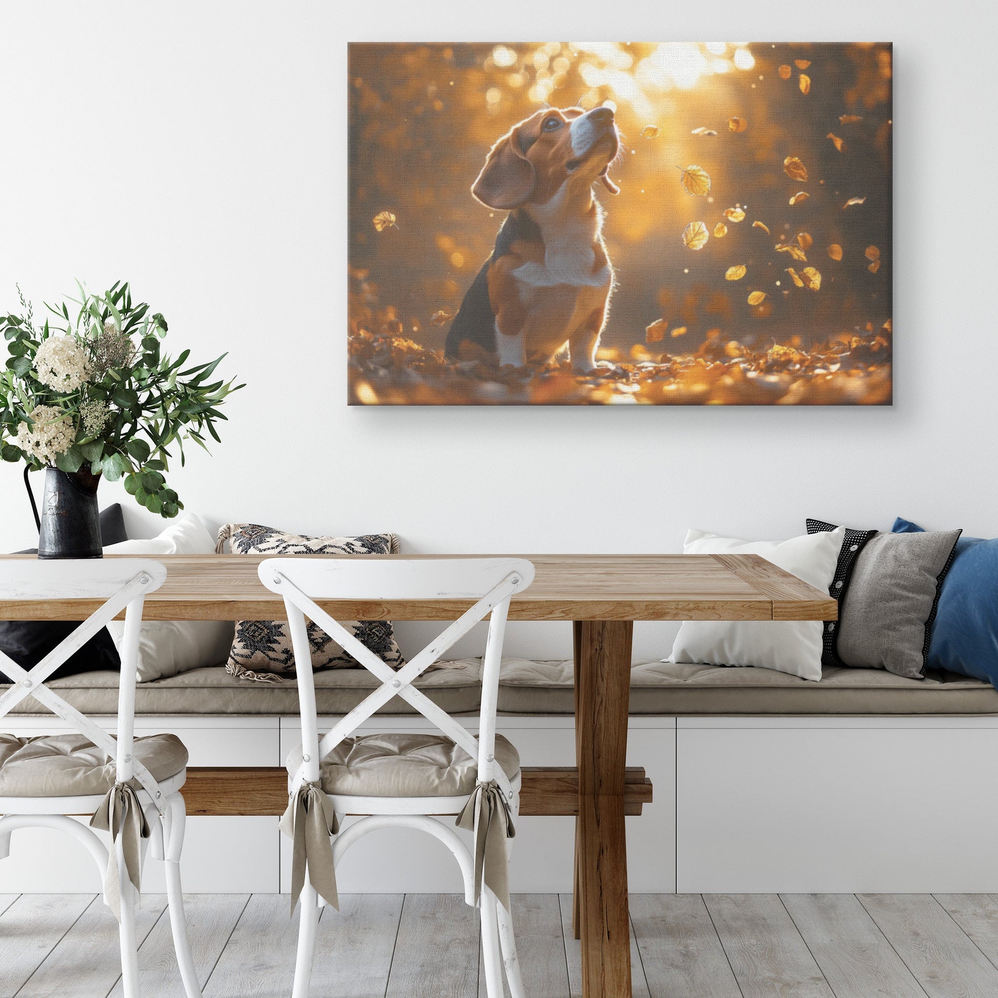 Basset Hound Standing on Forest Path Canvas Wall Art Decor Surrounded by Glowing Autumn Leaves and Golden Sunlight - Awakening Righteousness