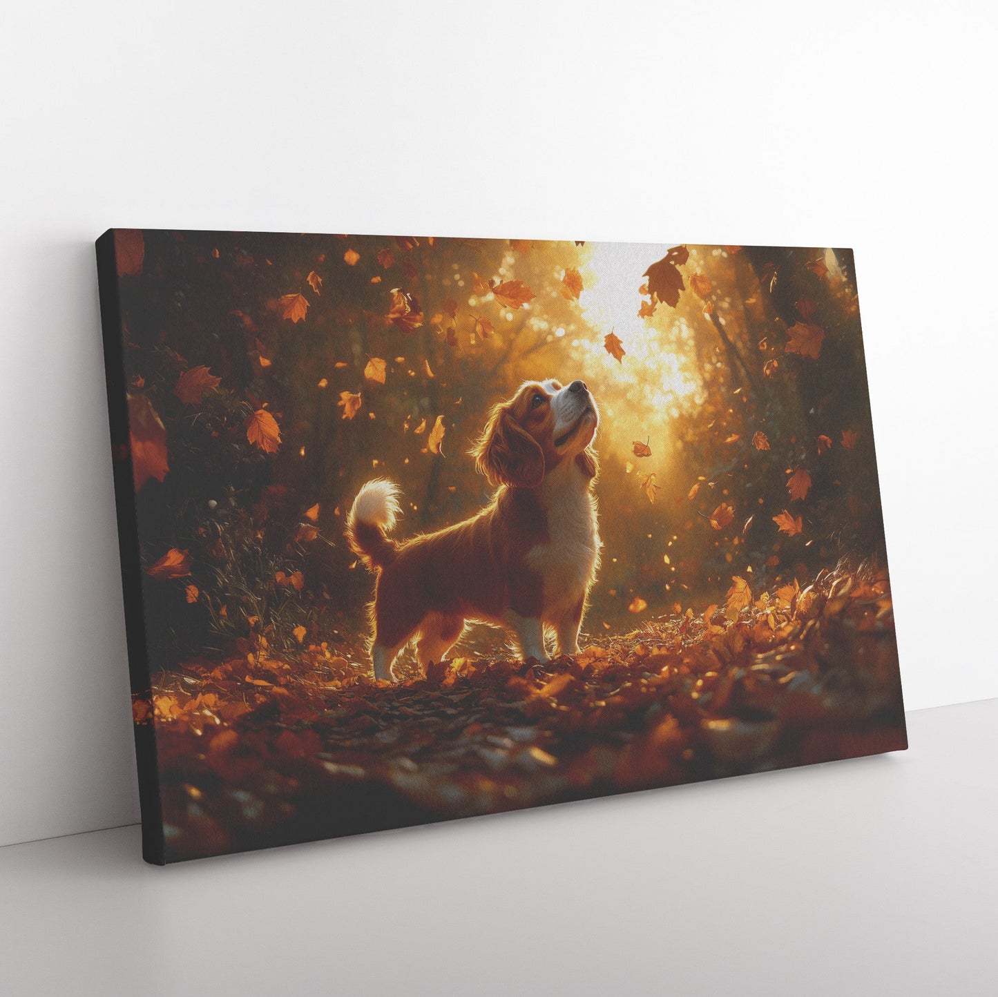 Basset Hound Standing on Forest Path Surrounded by Glowing Autumn Leaves with Golden Sunlight Streaming Through Trees - Awakening Righteousness