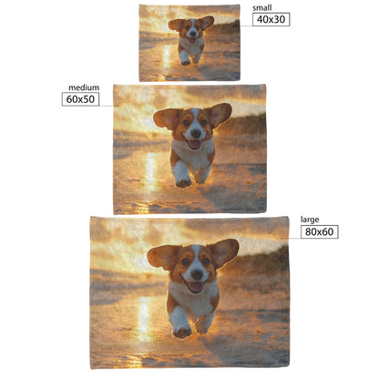 Basset Hound with Flapping Ears Walking on Sandy Beach at Sunset Fleece Sherpa Blanket - Awakening Righteousness