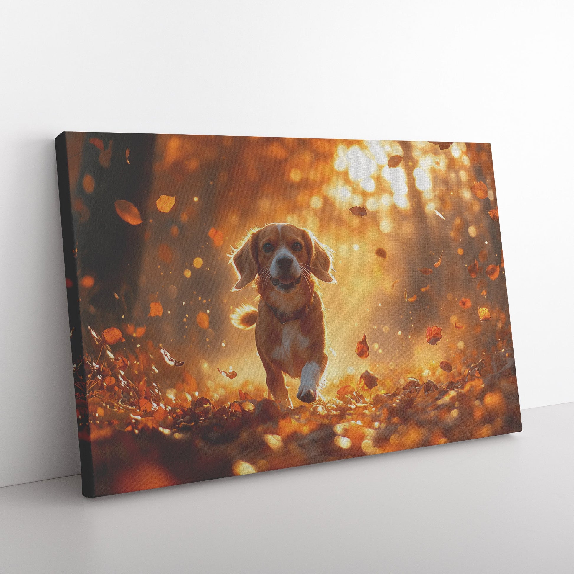 Beagle Exploring Golden Autumn Forest with Fallen Leaves and Glowing Light Through Trees Canvas Wall Art Decor - Awakening Righteousness
