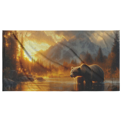 Bear Fishing Beach Towel with Glowing River Sparkling Water Sunlight Majestic Mountain Background Wildlife Design - Awakening Righteousness