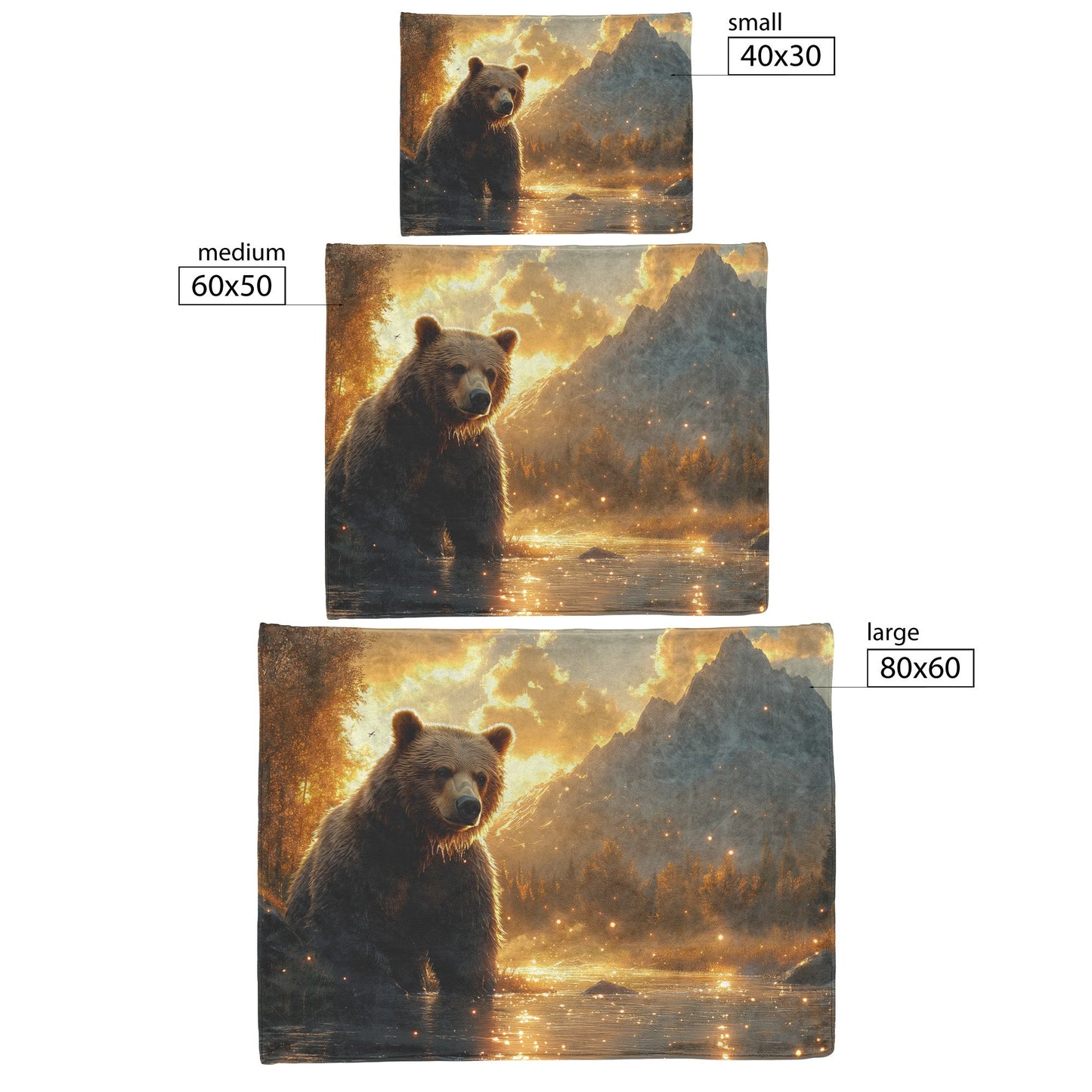 Bear Fishing in Glowing River with Sparkling Water Droplets and Majestic Mountains Fleece Sherpa Blanket - Awakening Righteousness