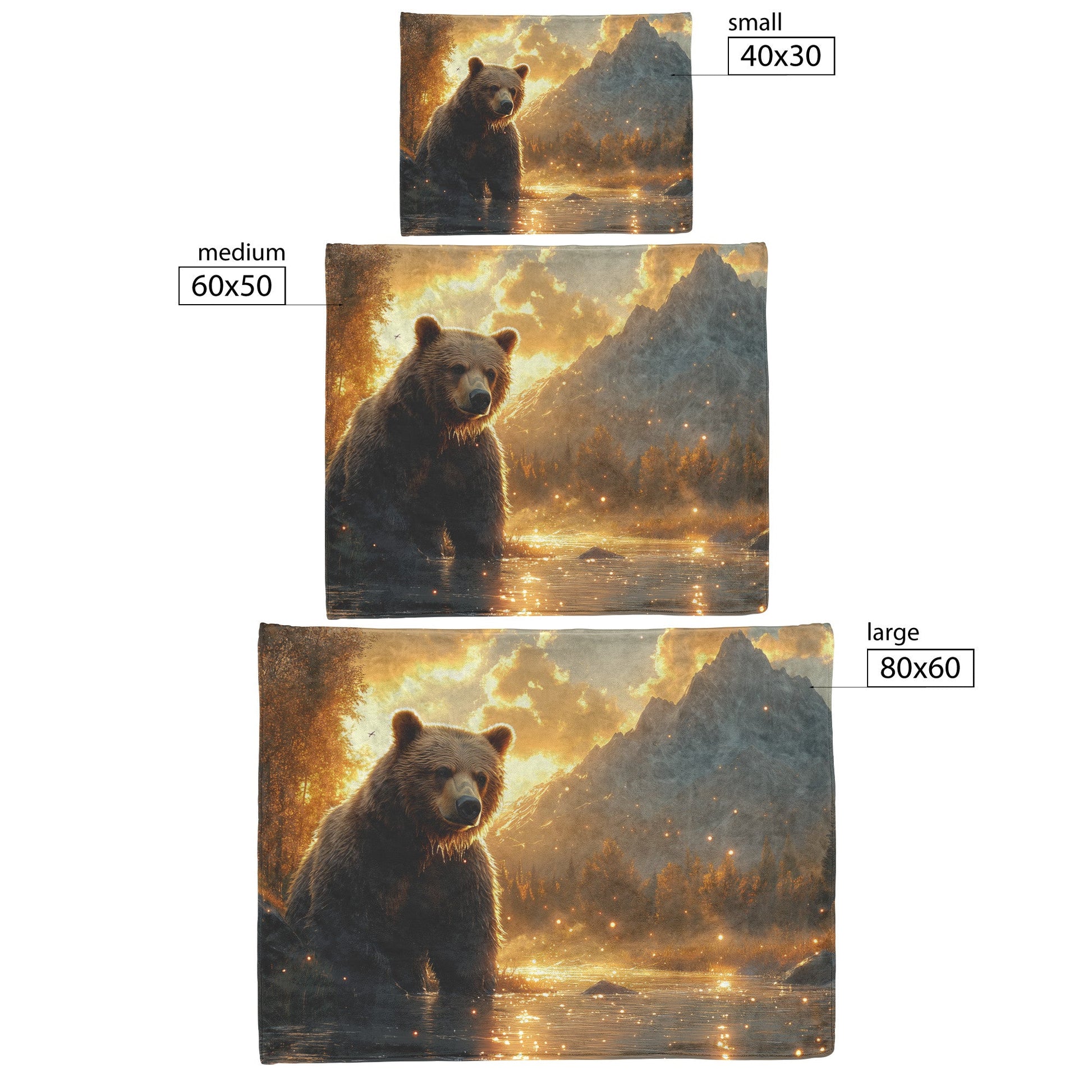 Bear Fishing in Glowing River with Sparkling Water Droplets and Majestic Mountains Fleece Sherpa Blanket - Awakening Righteousness