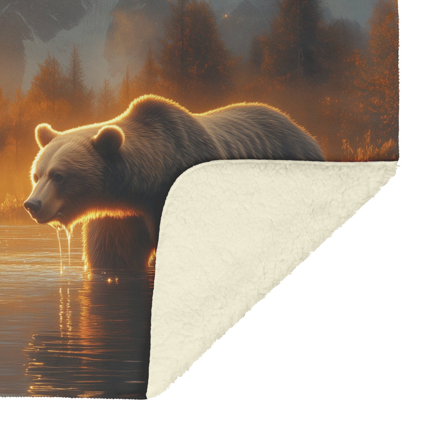 Bear Fishing in Glowing River with Sparkling Water Droplets and Majestic Mountains Fleece Sherpa Blanket - Awakening Righteousness