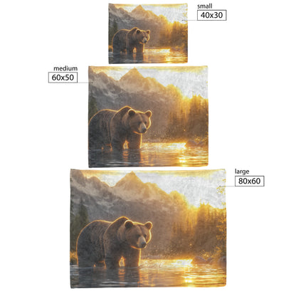 Bear Fishing in Glowing River with Sparkling Water Droplets and Majestic Mountains Fleece Sherpa Blanket - Awakening Righteousness