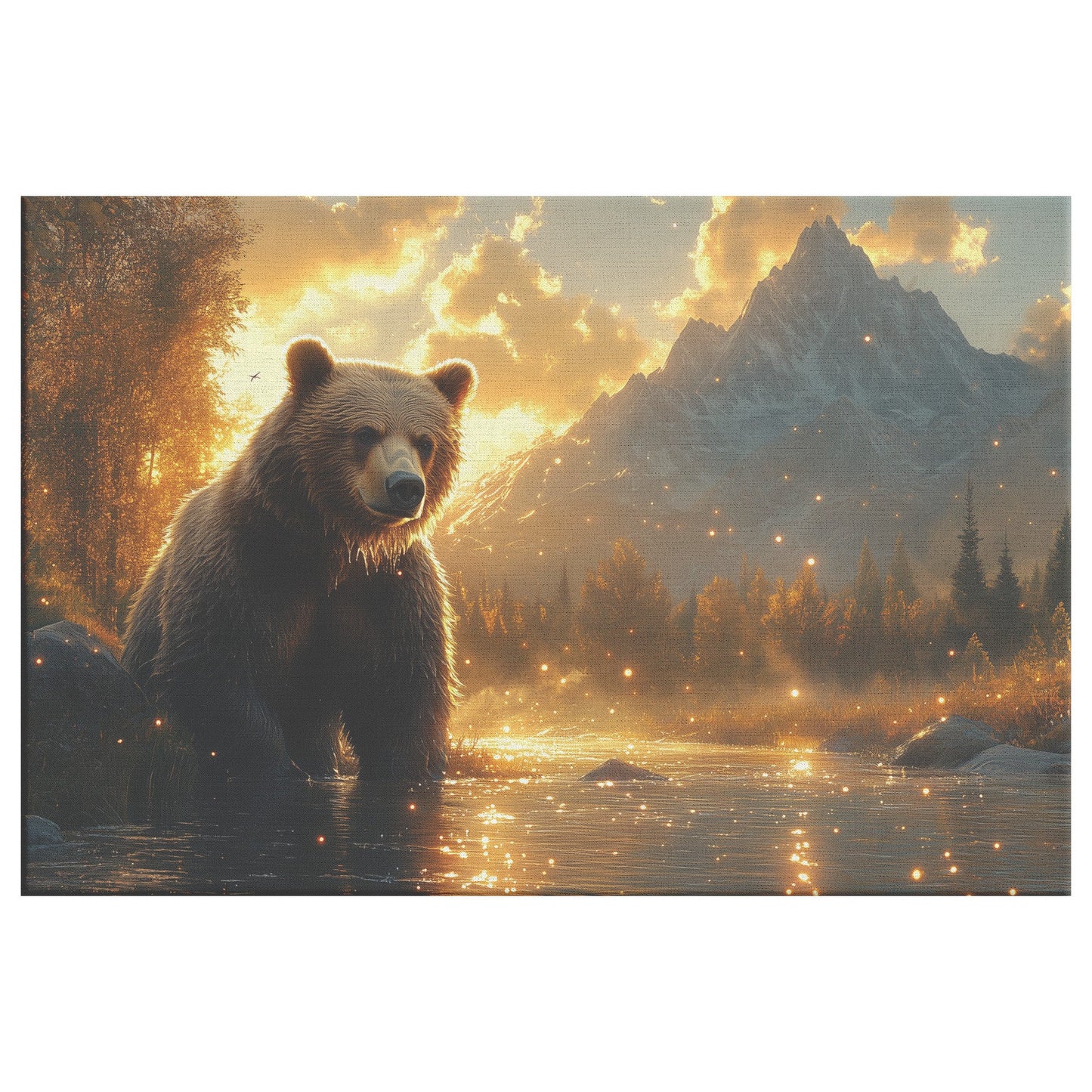 Bear Fishing in Glowing River with Sparkling Water Droplets and Majestic Mountains in the Background Canvas Wall Art - Awakening Righteousness