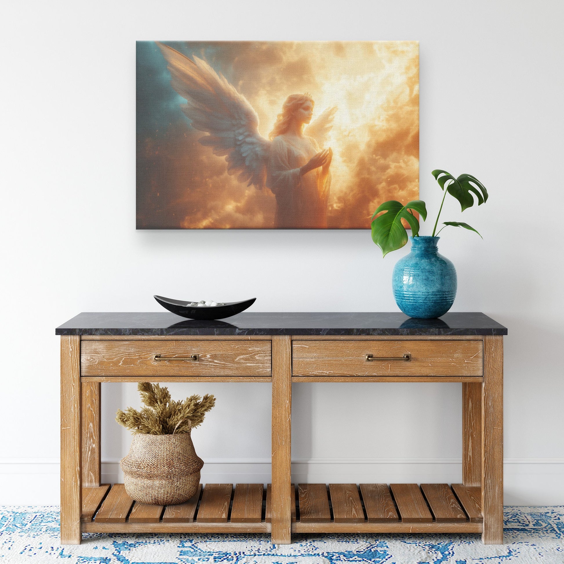 Beautiful Angel with White Wings Praying to God in the Sky  Surrounded Clouds and Fire  Christian Canvas Art Radiating Divine Light and Spiritual Serenity - Awakening Righteousness
