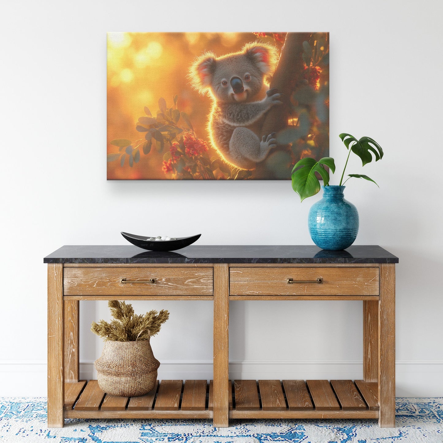 Beautiful Realistic Koala Clinging to Eucalyptus Tree Under Glowing Sunset with Soft Golden Light Canvas Wall Art Decor - Awakening Righteousness