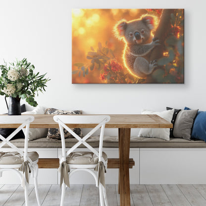 Beautiful Realistic Koala Clinging to Eucalyptus Tree Under Glowing Sunset with Soft Golden Light Canvas Wall Art Decor - Awakening Righteousness