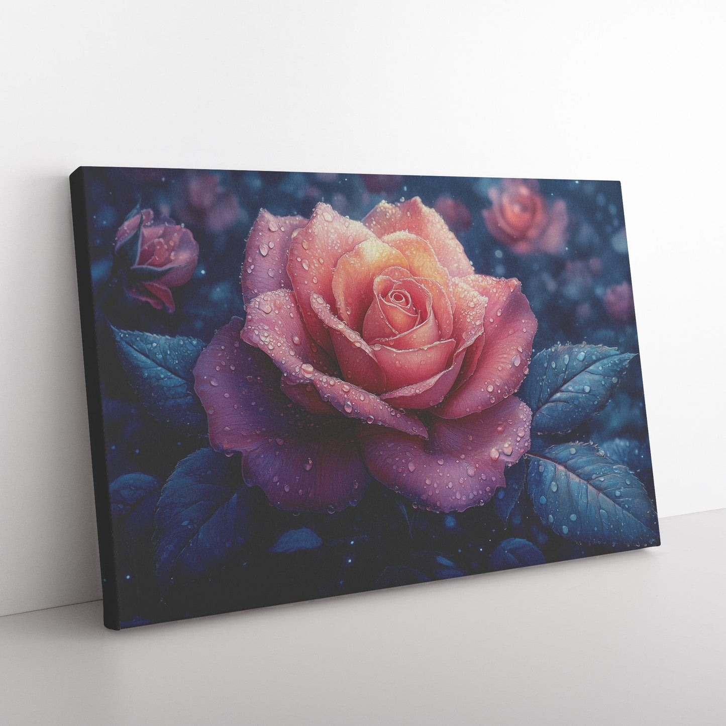 Beautiful Rose with Dew Drops Surrounded by Dark Green Leaves Canvas Wall Art Decor - Awakening Righteousness