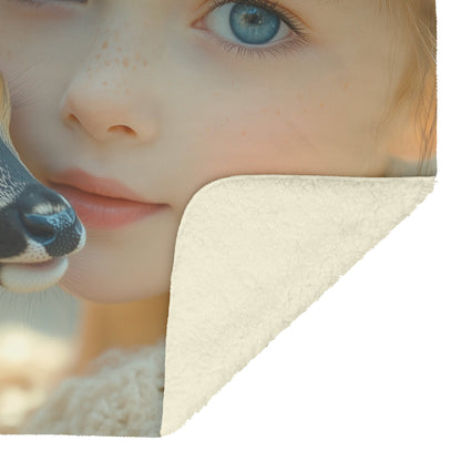 Beautiful Young Girl with Blue Eyes Holding Adorable Baby Deer in Dreamy Natural Setting Cozy Fleece Sherpa Blanket - Awakening Righteousness