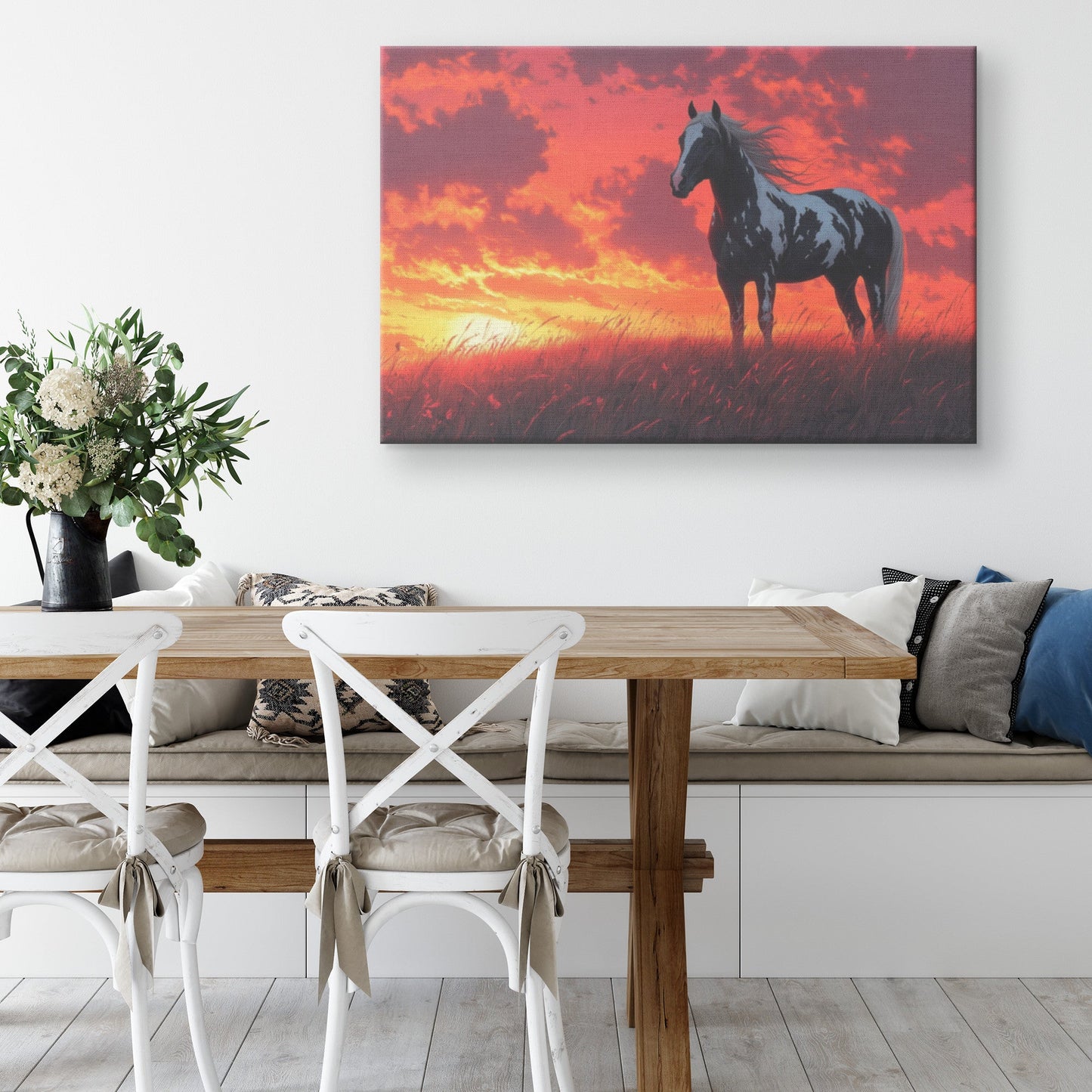 Black and White Pinto Horse on Hill Under Glowing Twilight Skies with Wind Blowing Mane Canvas Wall Art Decor - Awakening Righteousness